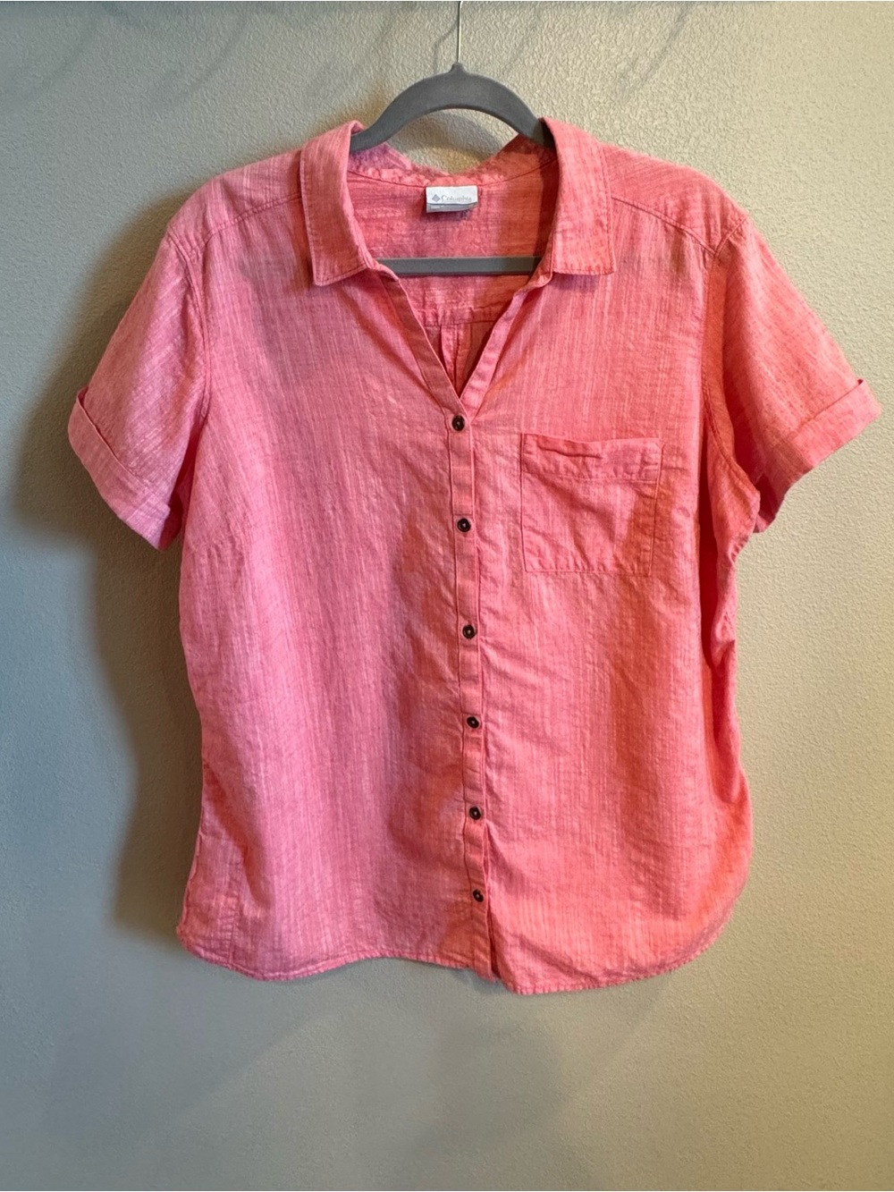 Columbia Coral Pink Button-Up 100% Cotton Slub Short Sleeve Shirt